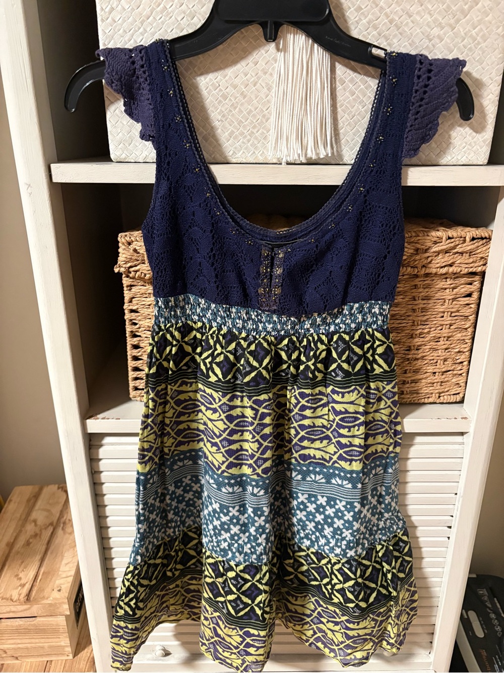 Free People VINTAGE Navy Crochet Midi Dress Navy with Yellow Bead Embellishment
